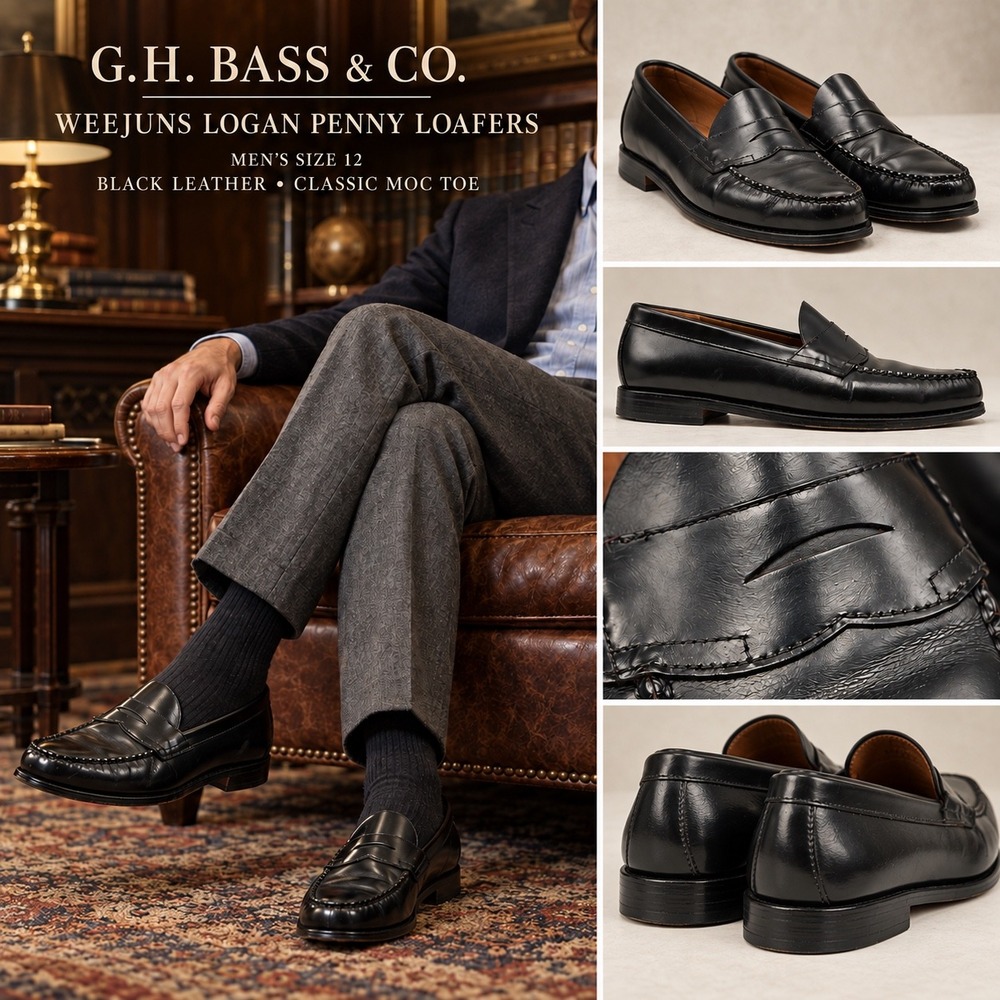 GM Bass Black Leather Penny Loafers Mens Dress Shoes Moc Toe Classic Size 12